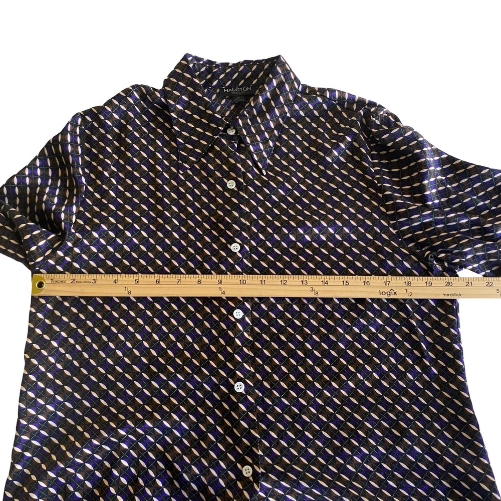 Halston Lifestyle Womens 14 Purple Brown Geometric 100% Silk Button Front Blouse - Picture 7 of 8